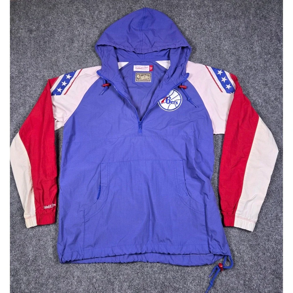 76ers Windbreaker Mens Medium Mitchell & Ness Philadelphia NBA Half Zip Jacket - Picture 1 of 14